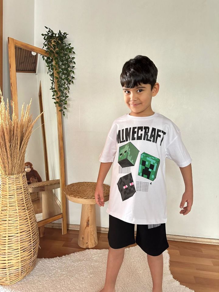 Siyah Beyaz Minecraft Baskılı Yazlık Takım