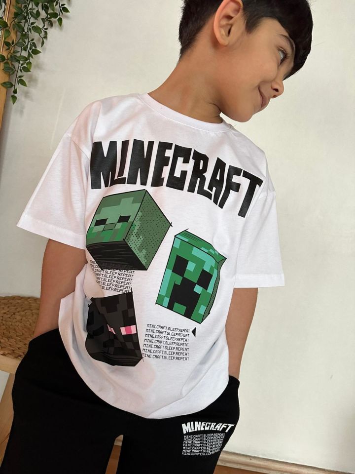 Siyah Beyaz Minecraft Baskılı Yazlık Takım