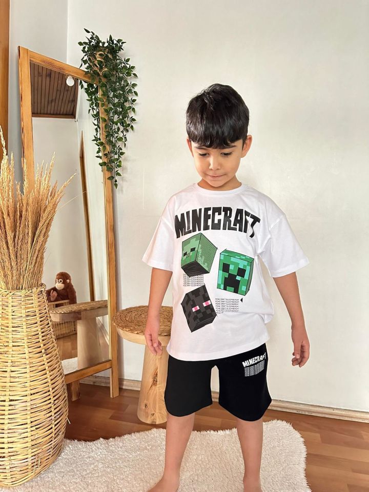Siyah Beyaz Minecraft Baskılı Yazlık Takım