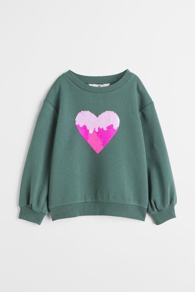 Yeşil Kalp İşlemeli Çift Yönlü Pullu Şardonlu Sweatshirt