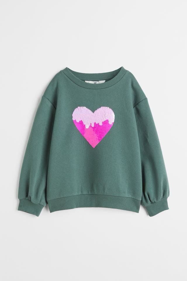 Yeşil Kalp İşlemeli Çift Yönlü Pullu Şardonlu Sweatshirt