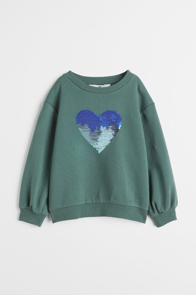 Yeşil Kalp İşlemeli Çift Yönlü Pullu Şardonlu Sweatshirt