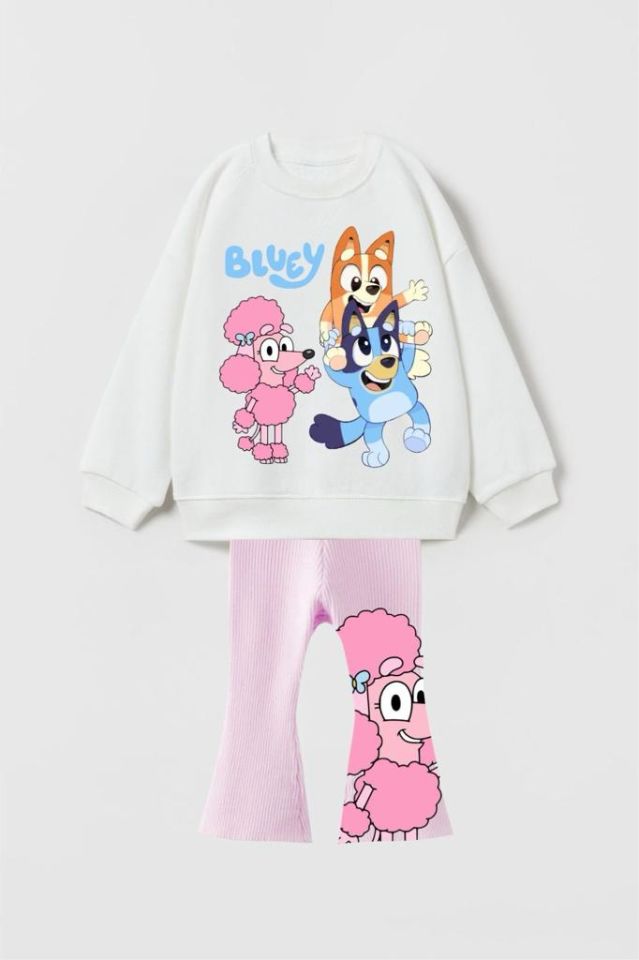 Bluey Pembe Beyaz İspanyol Paça Taytlı Takım